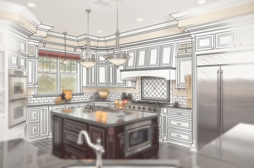 Combination of Beautiful Custom Kitchen Design Drawing with Ghosted Photo Behind.